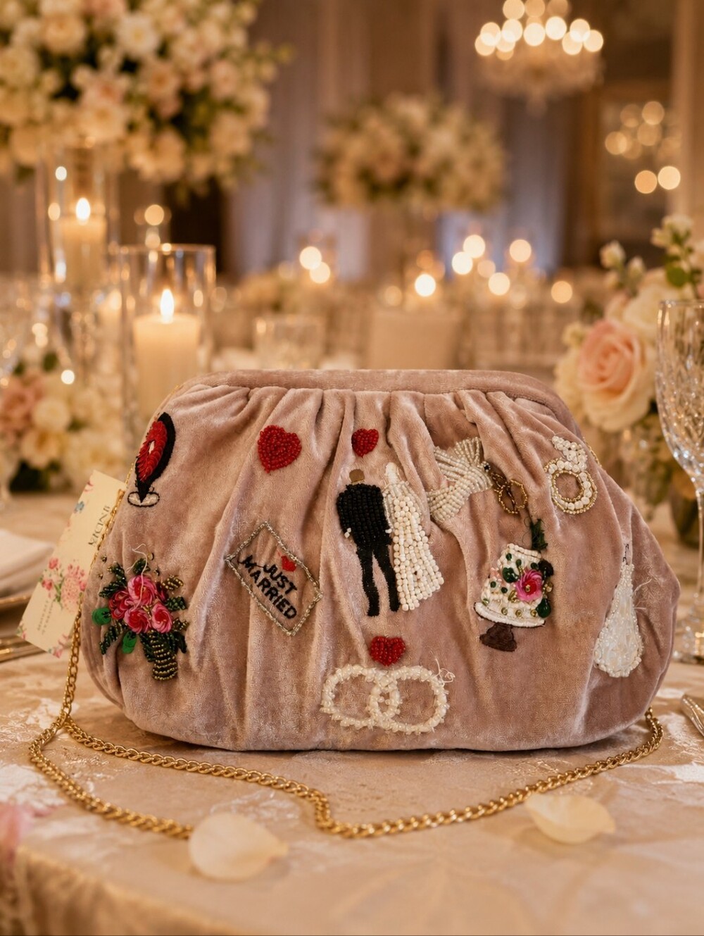 Embroidered Velvet Just Married Crossbody Bag in Blush Pink NWT